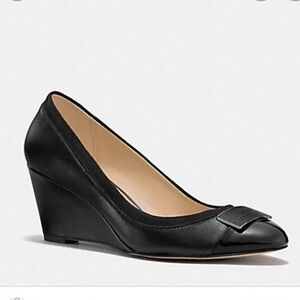 Coach Heath Lambskin Black Suede Patent Leather Wedge Shoes Women’s size 9
